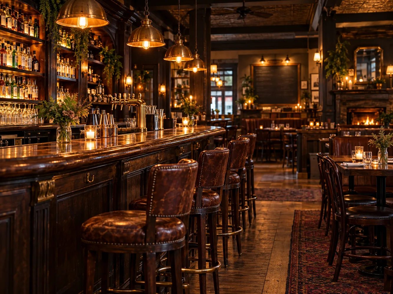 Warm, dark wood pub with amber lights and a long bar
